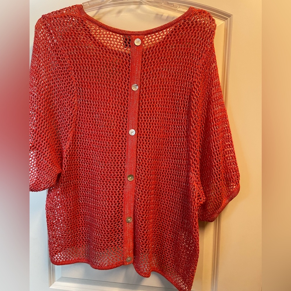 NEW DIRECTIONS Mesh Ladies top Color: Orange w silver metallic has BUTTONS SZ XL